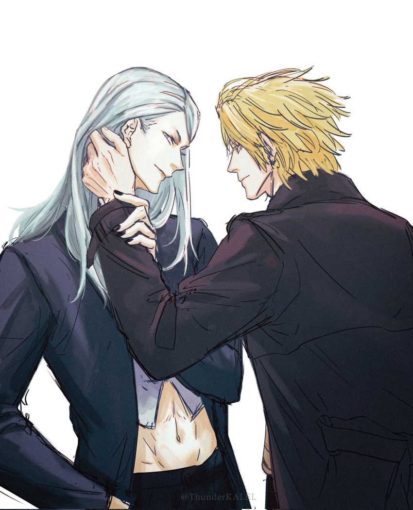 2boys alternate_hair_color artist_name black_coat black_jacket black_nails black_pants blonde_hair blue_eyes coat cowboy_shot daybit_sem_void fate/grand_order fate_(series) flapper_shirt hand_in_pocket hand_on_another's_face highres jacket long_hair long_sleeves looking_at_another male_focus midriff multiple_boys navel no_eyewear open_clothes open_jacket pants profile shirt short_hair simple_background smile tezcatlipoca_(fate) thunderkalel trench_coat violet_eyes white_background white_hair white_shirt