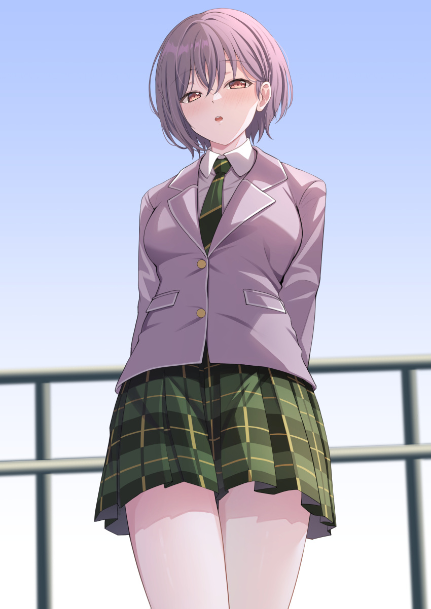 1girl absurdres arms_behind_back bang_dream! bang_dream!_it's_mygo!!!!! blazer blue_sky blurry blurry_background breasts brown_eyes buttons collared_shirt commentary cowboy_shot day diagonal-striped_necktie from_below green_necktie green_skirt grey_hair grey_jacket hair_behind_ear hair_between_eyes haneoka_school_uniform highres jacket light_blush long_sleeves looking_at_viewer looking_down medium_breasts miniskirt necktie outdoors parted_lips plaid plaid_skirt pleated_skirt pocket ptal railing school_uniform shirt short_hair skirt sky solo standing takamatsu_tomori teeth upper_teeth_only white_shirt