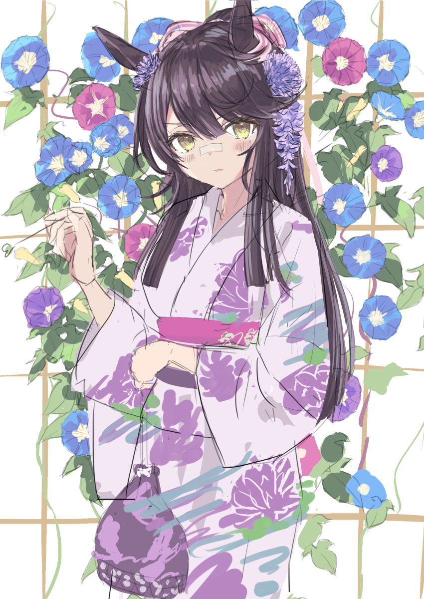1girl absurdres alternate_costume animal_ears bandaid bandaid_on_face bandaid_on_nose black_hair blue_flower blunt_tresses blush closed_mouth commentary_request ear_ornament floral_background floral_print flower highres horse_ears horse_girl japanese_clothes kimono long_hair long_sleeves looking_at_viewer morning_glory narita_brian_(umamusume) obi parted_lips pink_flower pink_sash purple_flower purple_kimono sash sidelocks sketch solo trellis tsurubami_(gaad5227) umamusume very_long_hair white_background wide_sleeves yellow_eyes