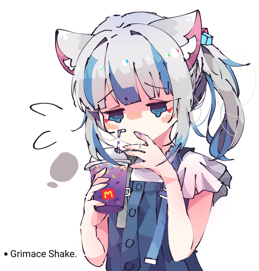 1girl animal_ears blue_eyes blue_hair blunt_bangs cat_ears commentary cube_hair_ornament cup disposable_cup drinking_straw empty_eyes english_commentary english_text flying_sweatdrops frilled_sleeves frills gawr_gura gawr_gura_(2nd_costume) grey_hair grimace_shake_(meme) hair_ornament hands_up highres holding holding_cup hololive hololive_english kemonomimi_mode koyoinacho medium_hair meme milkshake multicolored_hair official_alternate_costume purple_liquid ringed_eyes shaded_face shark_girl shirt short_sleeves side_ponytail sidelocks simple_background solo streaked_hair suspenders upper_body virtual_youtuber white_background white_shirt