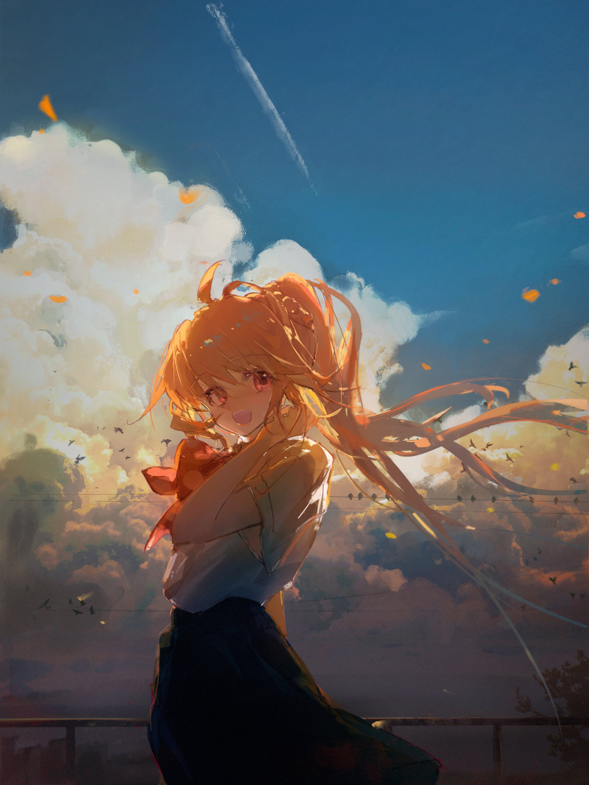 1girl absurdres ahoge backlighting bird black_skirt blonde_hair blue_sky bocchi_the_rock! bow bowtie clouds cloudy_sky commentary_request contrail cowboy_shot day dress_shirt floating_hair flock hand_in_own_hair hand_up highres ijichi_nijika kirrrara long_hair messy_hair open_mouth outdoors power_lines railing red_bow red_bowtie red_eyes shirt shirt_tucked_in short_sleeves side_ponytail skirt sky smile solo very_long_hair white_shirt wind