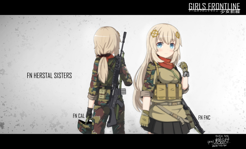 2girls absurdres ammunition_pouch artist_name assault_rifle belt_pouch between_breasts bilingual black_gloves black_skirt blonde_hair blue_eyes blush breasts brown_gloves brown_pants brown_shirt camouflage camouflage_headwear camouflage_pants camouflage_shirt celtic_cross character_name chest_rig chin_strap chinese_commentary closed_mouth combat_helmet combat_shirt commentary_request company_connection company_name copyright_name cowboy_shot cross dated dog_tags english_commentary facing_away fatigues feet_out_of_frame fn_cal fn_cal_(girls'_frontline)_(kochiya_tenko) fn_fnc fn_herstal fnc_(girls'_frontline) from_behind girls_frontline gloves green_headwear green_pants green_shirt grey_background gun hand_up headwear_removed helmet helmet_removed highres holding holding_dog_tags holding_helmet kochiya_tenko letterboxed long_hair looking_at_viewer low_ponytail medium_breasts military_uniform miniskirt mixed-language_commentary mixed-language_text multicolored_pants multicolored_shirt multiple_girls no_nose original pants pleated_skirt pocket pouch rifle shirt signature skirt sleeves_past_elbows sleeves_rolled_up sling snap-fit_buckle standing uniform weapon weapon_behind_back weapon_name white_background woodland_camouflage