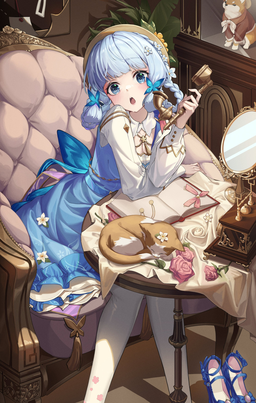 1girl absurdres blue_dress blue_eyes blue_footwear blue_hair blunt_bangs book braid breasts bug butterfly butterfly_hair_ornament cat collar couch dog dress flower genshin_impact hair_flower hair_ornament hand_up hat high_collar high_heels highres holding holding_phone indoors kamisato_ayaka kamisato_ayaka_(springbloom_missive) long_sleeves looking_at_viewer official_alternate_costume official_alternate_hairstyle on_couch pantyhose parted_lips paya_(aejx2345) phone puffy_long_sleeves puffy_sleeves ribbon shiba_inu sitting solo white_collar white_pantyhose white_ribbon
