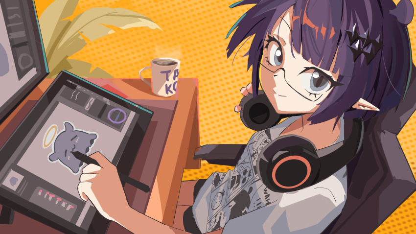 1girl :3 black_shorts chair coffee_mug cup desk drawing_tablet glasses grey_eyes halftone halftone_background halo headphones headphones_around_neck highres holding holding_stylus hololive hololive_english leaf light_smile looking_at_viewer monitor mug ninomae_ina'nis ninomae_ina'nis_(5th_costume) office_chair official_alternate_costume official_alternate_hair_length official_alternate_hairstyle plant pointy_ears purple_hair shirt short_hair shorts sitting stylus swivel_chair takodachi_(ninomae_ina'nis) virtual_youtuber white_shirt yellow_background zb_relic