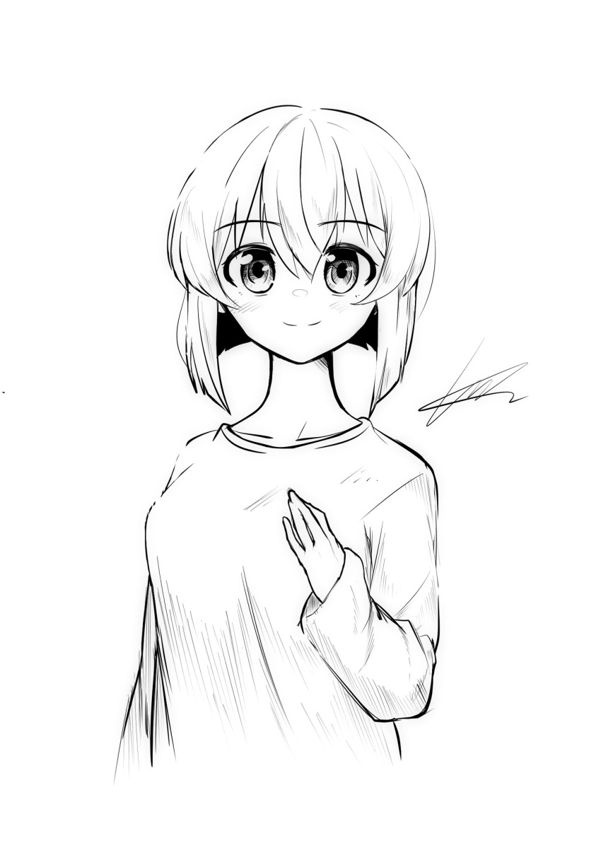 1girl anj-euna_seona blunt_ends blush bob_cut breasts casual closed_mouth collarbone commentary cropped_torso greyscale hagiwara_yukiho hair_between_eyes hand_up highres idolmaster idolmaster_(classic) lineart long_sleeves looking_at_viewer medium_breasts monochrome shirt short_hair signature simple_background sketch smile solo upper_body white_background
