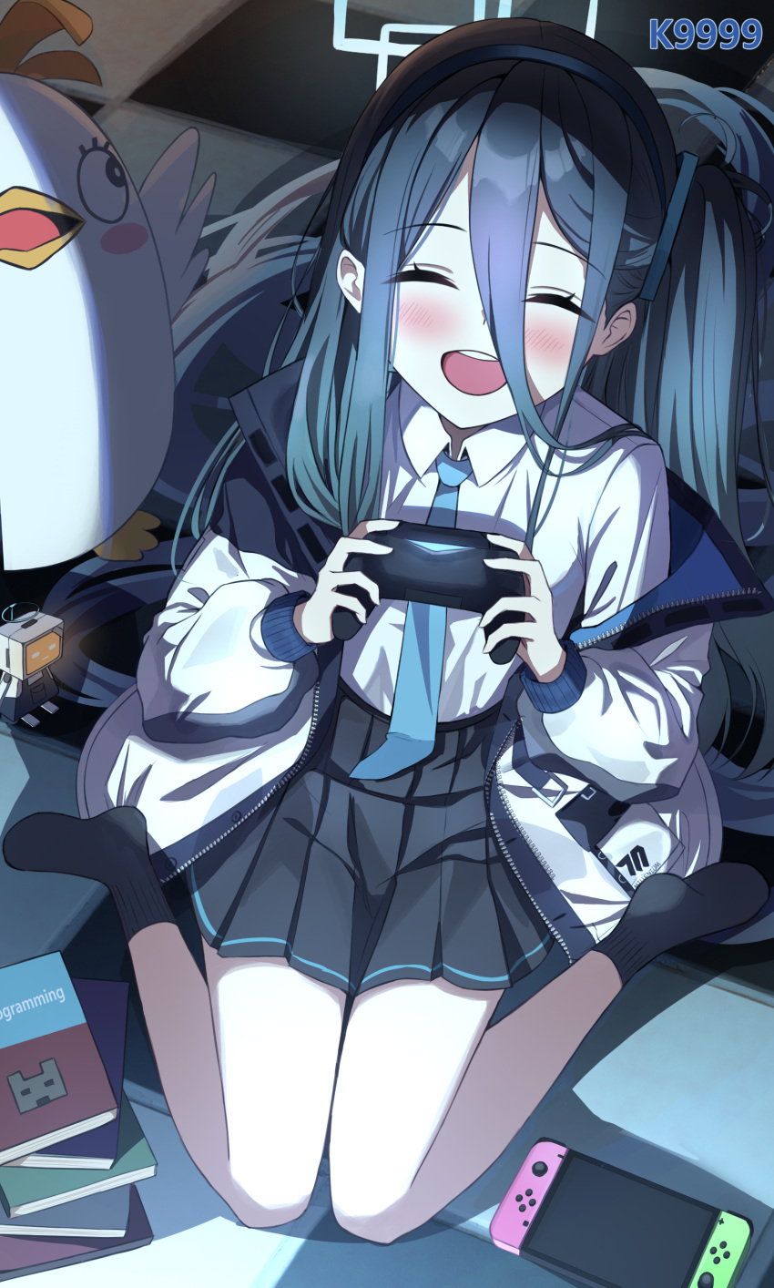 &lt;key&gt;_(robot)_(blue_archive) 1girl absurdres aris_(blue_archive) black_hairband black_skirt black_socks blue_archive blue_hair blue_necktie blush book book_stack checkered_floor closed_eyes collared_shirt commission controller dark_blue_hair full_body game_controller hair_between_eyes hairband halo handheld_game_console highres holding holding_controller holding_game_controller jacket long_hair long_sleeves necktie nintendo_switch no_shoes off_shoulder one_side_up open_clothes open_jacket open_mouth peroro_(blue_archive) pleated_skirt rahy shirt sitting skirt smile socks solo very_long_hair wariza white_jacket white_shirt