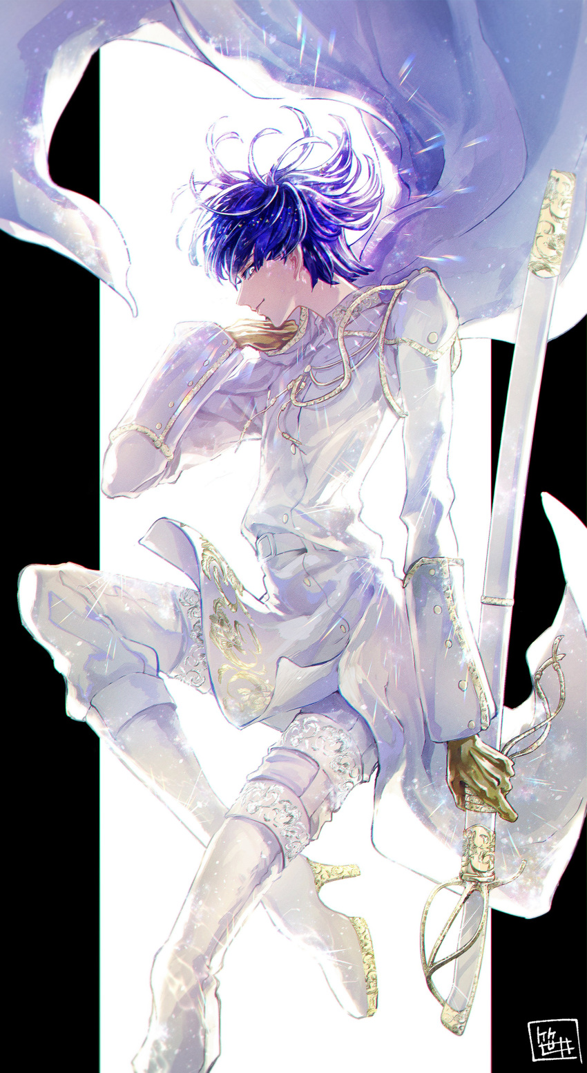 1other absurdres androgynous black_border blue_eyes blue_hair border cape commentary_request high_heels highres houseki_no_kuni itabasami medium_hair military_uniform phosphophyllite_(ll) profile sheath sheathed shoes simple_background smile solo sword uniform weapon white_background