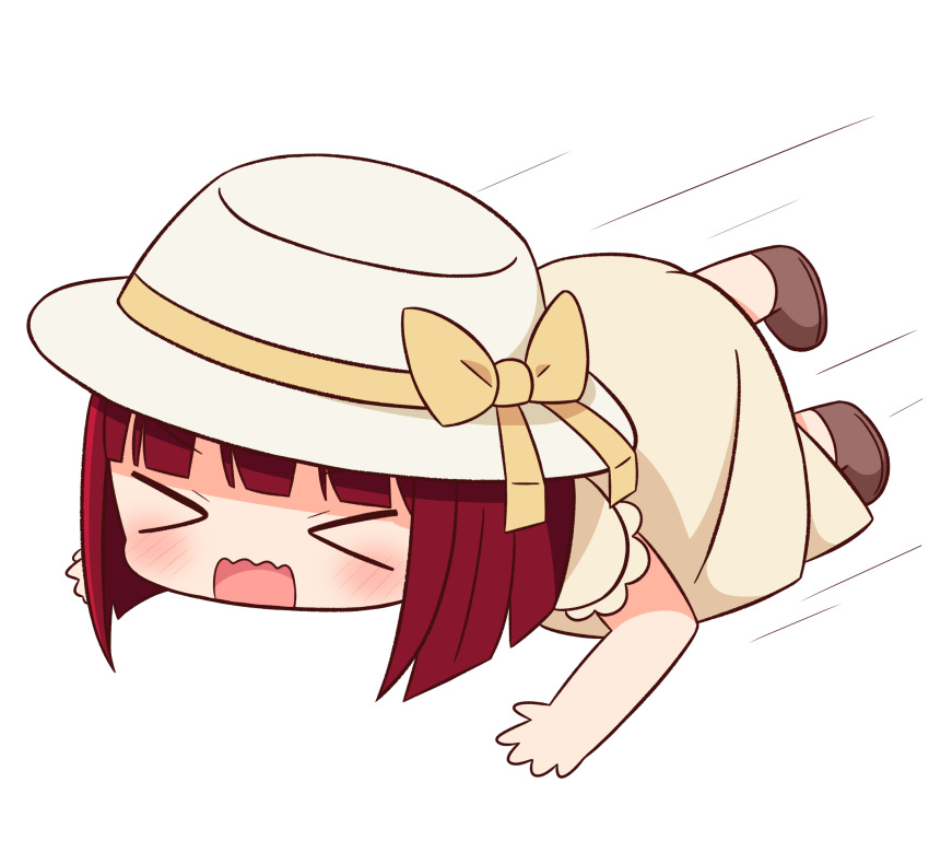&gt;_&lt; 1girl all_fours arima_kana bow brown_bow brown_dress brown_footwear chibi closed_eyes dress full_body hana_kazari hat hat_bow highres open_mouth oshi_no_ko revision shoes short_sleeves solo sun_hat wavy_mouth white_background white_headwear