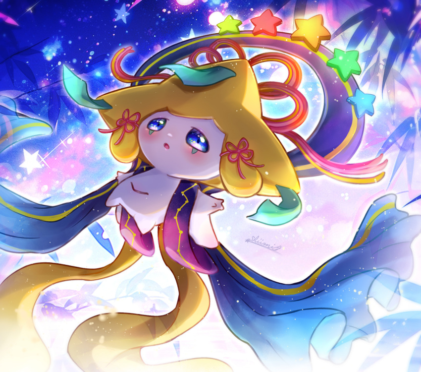 :o blue_eyes blush commentary_request glowing highres jirachi night no_humans outdoors parted_lips pokemon pokemon_(creature) shii_(no-va_could) signature solo star_(symbol) tanabata