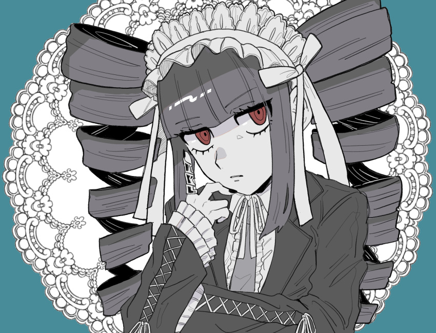 1girl absurdres black_hair black_nails blunt_bangs bonnet celestia_ludenberg center_frills claw_ring danganronpa:_trigger_happy_havoc danganronpa_(series) drill_hair frilled_shirt frills gothic_lolita green_background grey_necktie highres index_finger_raised jacket lolita_fashion long_hair long_sleeves looking_at_viewer muro_(nrvc5252) nail_polish necktie red_eyes shirt solo twin_drills twintails white_background