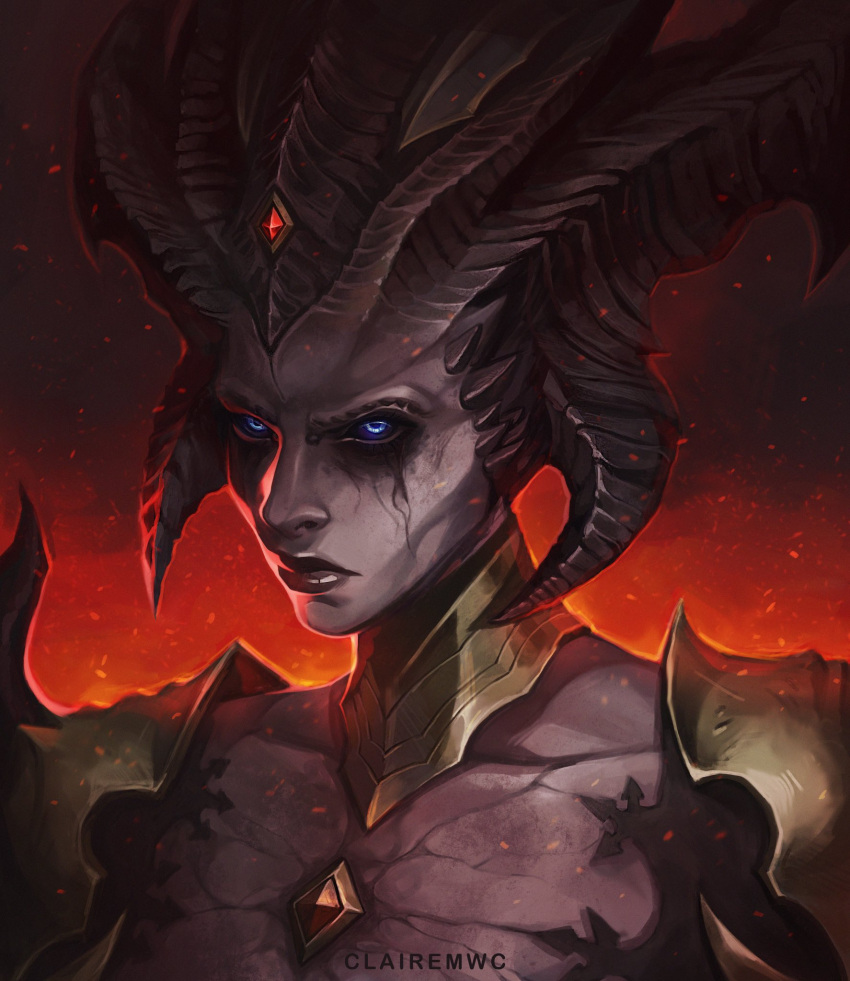 1girl black_sclera blue_eyes clairemwc collarbone colored_sclera colored_skin demon_girl diablo_4 gem gradient_background grey_skin highres horns lilith_(diablo) looking_at_viewer red_background red_lips serious shoulder_plates solo