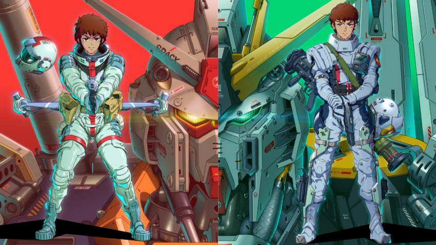 1boy ammunition_pouch amuro_ray black_eyes blue_footwear boots brown_hair char's_counterattack green_eyes gun gundam handgun headwear_removed helmet helmet_removed highres holding holding_gun holding_weapon jazz_kawa_sodom looking_at_viewer male_focus mecha mobile_suit mobile_suit_gundam non-web_source nu_gundam original pouch redesign robot rocket_launcher rx-78-2 science_fiction short_hair solo_focus straight-on v-fin v-shaped_eyebrows weapon weapon_on_back