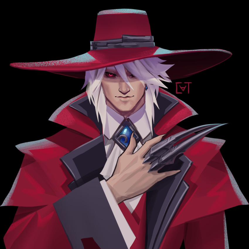 1boy absurdres alucard_(hellsing) alucard_(hellsing)_(cosplay) ascot black_background black_sclera claw_ring coat collared_shirt colored_sclera cosplay earrings fingernails gem hair_between_eyes hair_over_one_eye hand_up hat highres jewelry league_of_legends long_sleeves red_coat red_eyes red_headwear sharp_fingernails shirt simple_background smile solo sundaycat3 upper_body vladimir_(league_of_legends) white_ascot wide_sleeves