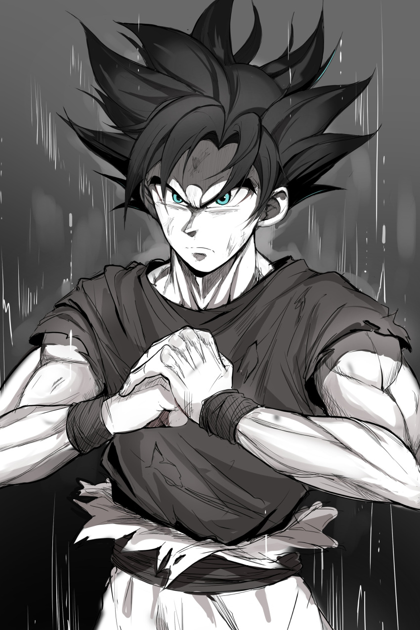 1boy absurdres aqua_eyes black_hair closed_mouth commentary_request cowboy_shot dragon_ball eyebrows_hidden_by_hair fist_in_hand floating_hair frown grey_background hair_between_eyes highres kosh looking_at_viewer medium_hair monochrome muscular muscular_male nose serious shirt simple_background solo son_goku standing torn_clothes wrist_cuffs