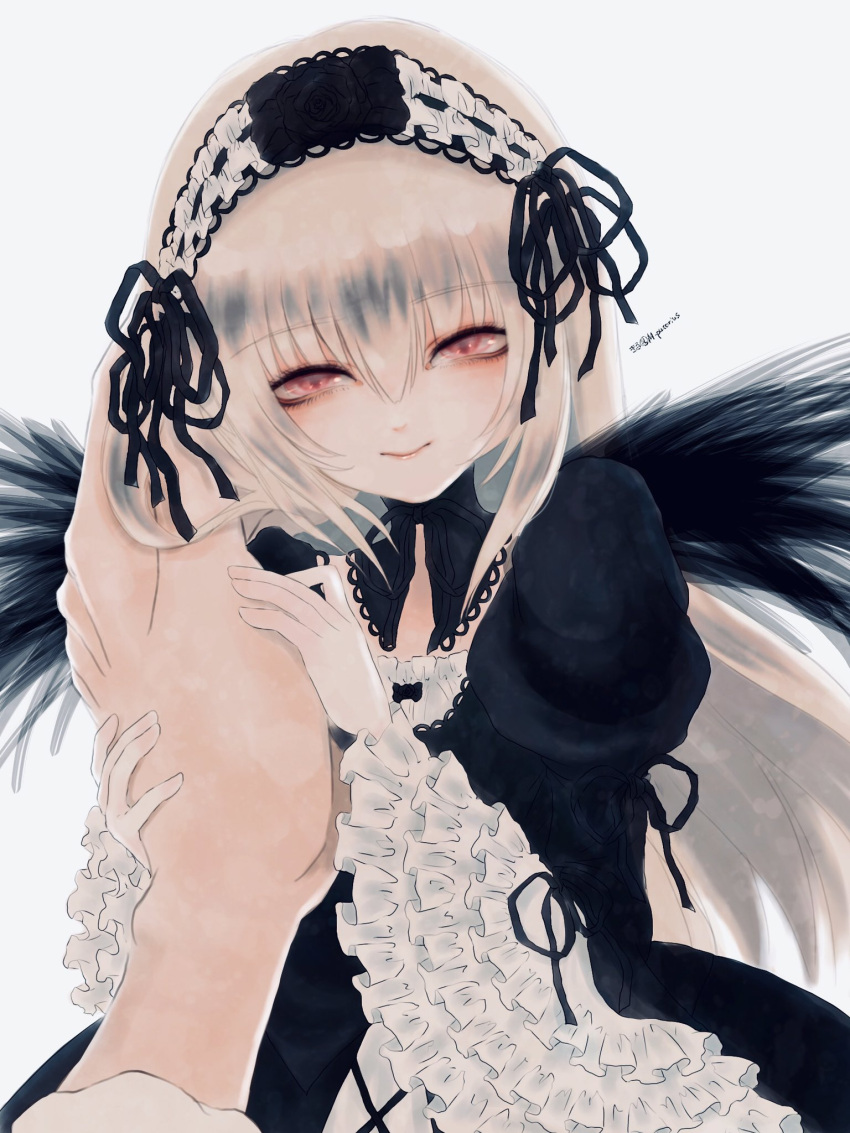 1girl 1other black_dress black_hairband black_wings dress frilled_sleeves frills gothic_lolita hairband highres holding_hands juliet_sleeves kiru_(m_putorius) lolita_fashion lolita_hairband long_hair long_sleeves looking_at_viewer pov pov_hands puffy_sleeves red_eyes rozen_maiden simple_background size_difference suigintou white_background white_hair wide_sleeves wings