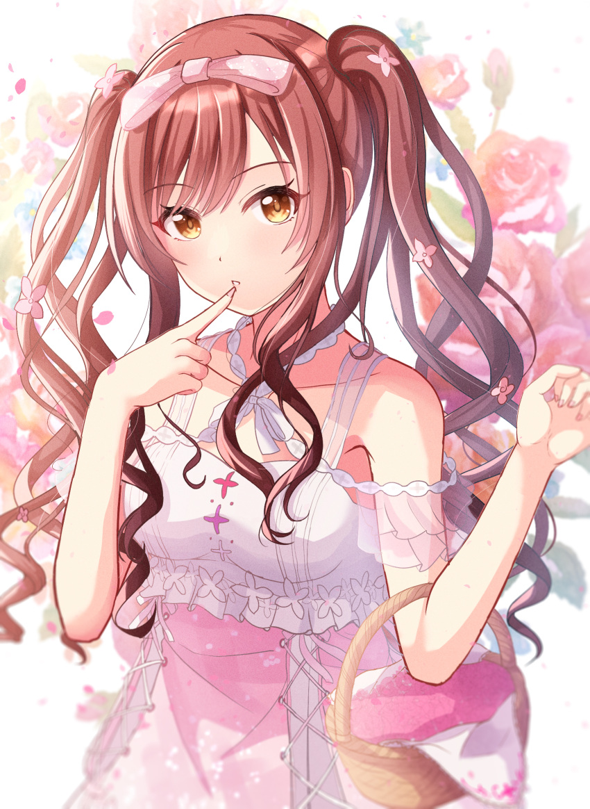 1girl bare_shoulders basket blush citrusmikan collarbone dress finger_to_mouth flower hair_ribbon highres idolmaster idolmaster_shiny_colors index_finger_raised long_hair looking_at_viewer off-shoulder_dress off_shoulder open_mouth osaki_amana petals redhead ribbon rose solo swept_bangs twintails upper_body yellow_eyes