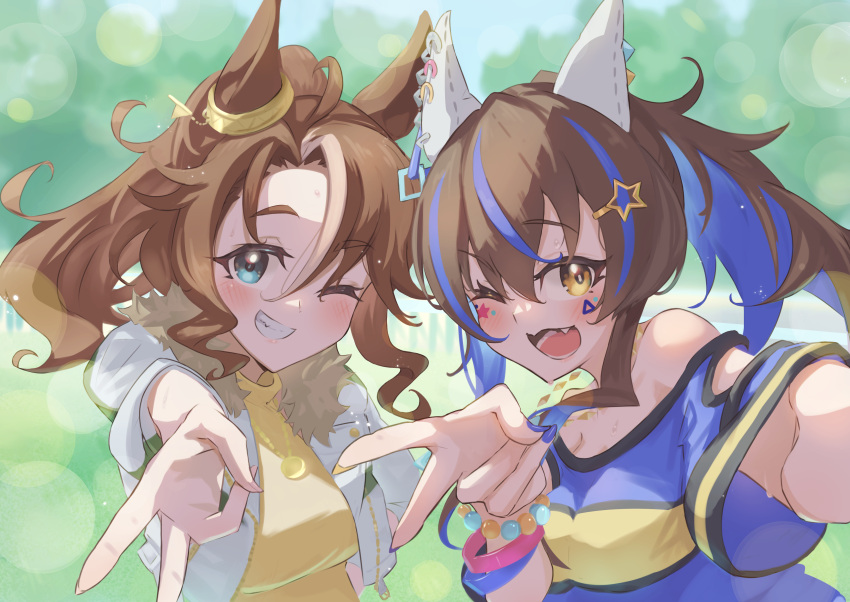 2girls absurdres animal_ears bare_shoulders blue_hair blurry blurry_background blush bracelet brown_hair clothing_cutout colored_inner_hair commentary_request daitaku_helios_(umamusume) ear_covers ear_ornament ear_piercing facial_tattoo fang fur-trimmed_jacket fur_trim grin gyaru_v hair_ornament hairclip highres horse_ears horse_girl jacket jewelry long_sleeves looking_at_viewer mejiro_palmer_(umamusume) multicolored_hair multiple_girls necklace one_eye_closed open_clothes open_jacket outdoors piercing ponytail shoulder_cutout side_ponytail smile streaked_hair tattoo umamusume upper_body v white_hair white_jacket yakousei_a yellow_eyes