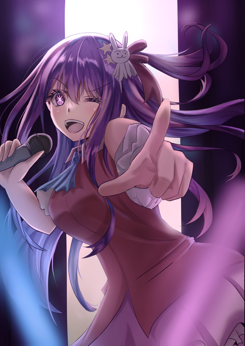 1girl ;d absurdres blurry blurry_foreground blush commentary_request depth_of_field detached_sleeves dress floating_hair frilled_skirt frills fuarao hair_between_eyes hair_ornament hair_ribbon highres holding holding_microphone hoshino_ai_(oshi_no_ko) idol idol_clothes long_hair looking_at_viewer microphone one_eye_closed one_side_up open_mouth oshi_no_ko pink_ribbon pink_shirt pink_skirt pointing pointing_at_viewer purple_hair rabbit_hair_ornament ribbon shadow shirt sidelocks skirt sleeveless sleeveless_dress smile solo star-shaped_pupils star_(symbol) star_hair_ornament symbol-shaped_pupils teeth upper_teeth_only violet_eyes