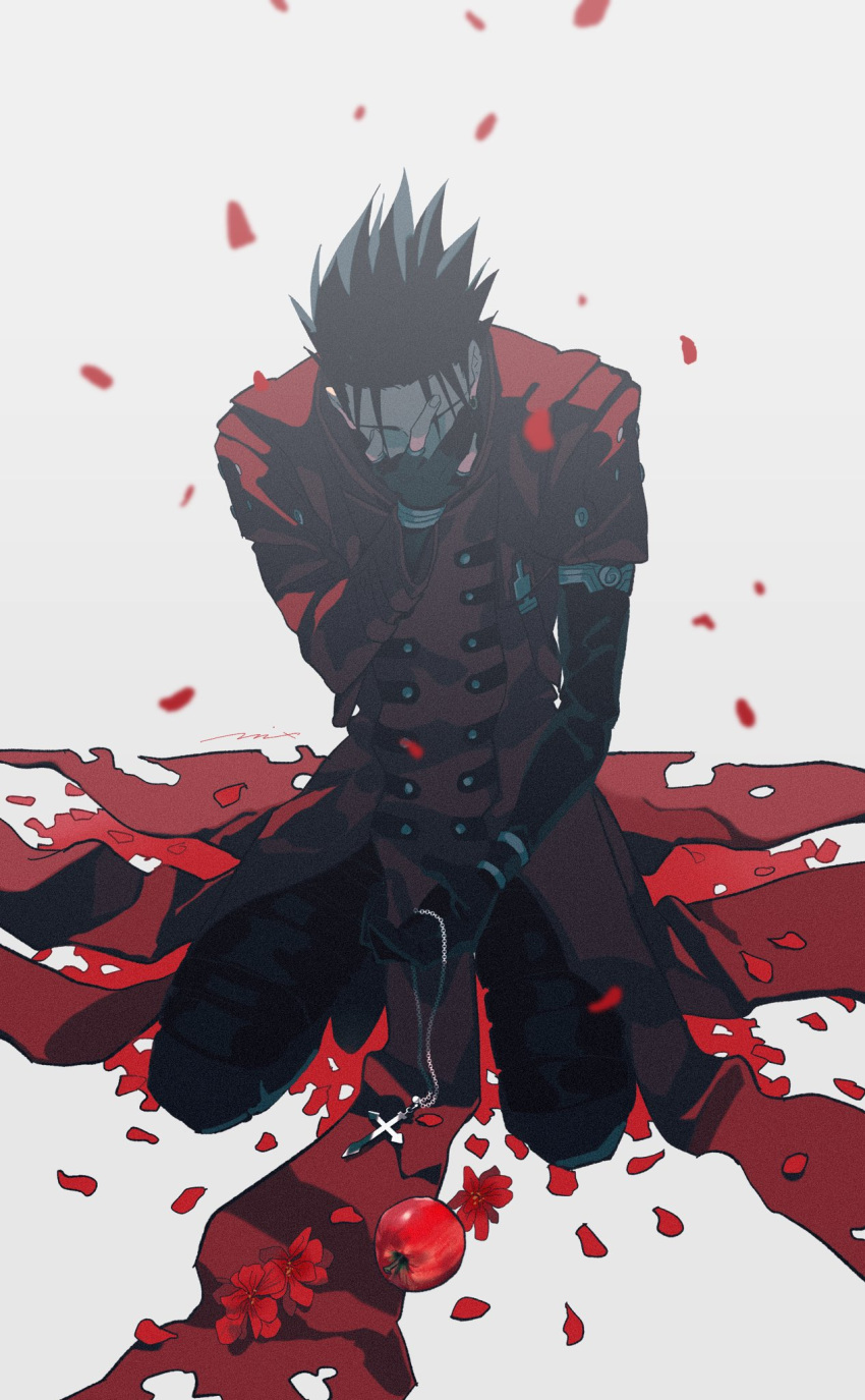 1boy apple black_gloves black_hair black_pants coat covering_face cross cross_necklace earrings falling_petals flower food fruit full_body gloves hand_up highres holding holding_jewelry holding_necklace jewelry kneeling long_coat long_sleeves male_focus mix_(wkupmix) necklace pants partially_fingerless_gloves petals red_coat red_flower short_hair simple_background single_earring solo spiky_hair trigun vash_the_stampede white_background