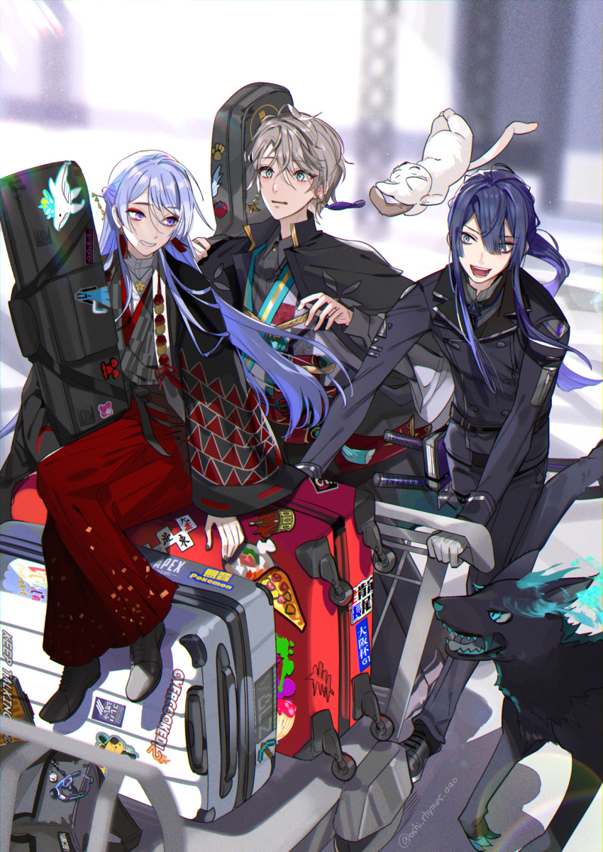 3boys :d ahoge airport aqua_eyes bag belt black_belt black_cape black_footwear black_hakama black_jacket black_nails black_necktie black_pants blue_eyes blue_fire blue_hair blunt_ends blurry blurry_background book book_holster buttons cape cart cat checkered_clothes checkered_kimono collared_shirt crossed_legs dark_blue_hair double-breasted dress_shirt duffel_bag earrings fire full_body genzuki_toujirou gloves grey_hair grey_kimono grey_shirt grin hair_between_eyes hair_ornament hair_stick hakama hakama_pants half_updo highres holding holding_bag instrument_case jacket japanese_clothes jewelry kaida_haru katana kimono long_hair long_sleeves looking_at_another looking_back male_focus mismatched_earrings multiple_boys multiple_swords nagao_kei necktie nijisanji oshi_rhymes_aao oxfords pants parted_lips ponytail purple_hair pushing pushing_cart red_eyeliner red_hakama rolling_suitcase running sheath sheathed shirt shoes short_hair sitting smile sticker suitcase swept_bangs sword tassel tassel_earrings tasuki teeth triangle_print valz violet_eyes virtual_youtuber weapon white_cat white_gloves white_kimono white_shirt wolf
