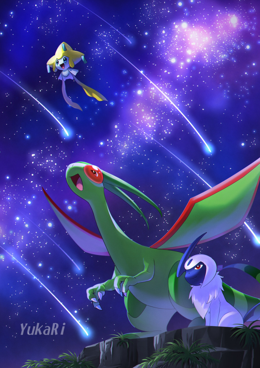 :d absol artist_name bright_pupils claws commentary_request flygon highres jirachi night no_humans open_mouth outdoors pokemon pokemon_(creature) shooting_star sky smile tanabata tongue white_pupils yukari_(yukari21653710)
