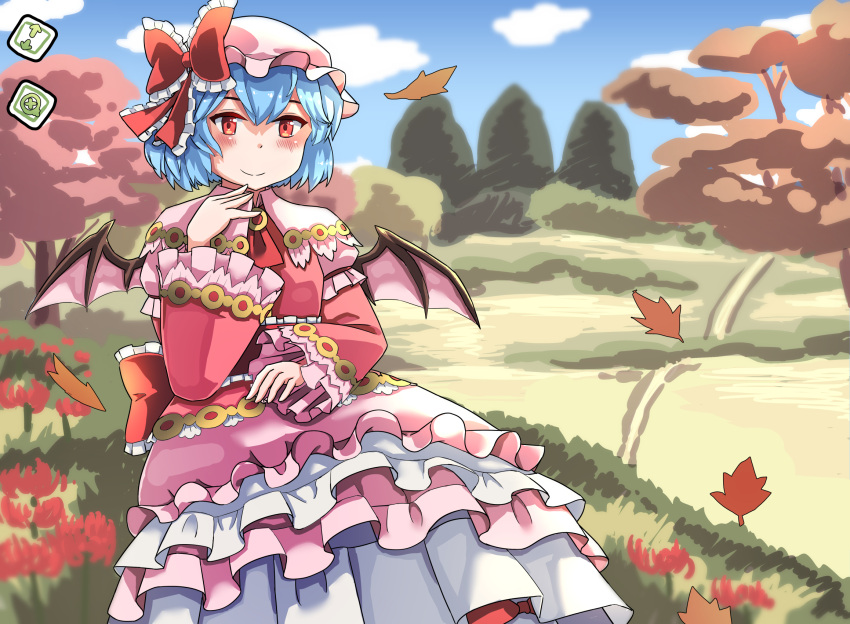 1girl autumn_leaves back_bow bat_wings blue_hair blue_sky blush bow bush capelet closed_mouth clouds dress falling_leaves frilled_bow frilled_dress frilled_hat frilled_sleeves frills hand_on_lap hand_on_own_chin hat hat_bow highres houshiruri icon_(computing) layered_skirt layered_sleeves leaf long_dress long_sleeves mob_cap necktie official_alternate_costume outdoors pink_capelet pink_dress pink_headwear puffy_short_sleeves puffy_sleeves red_bow red_eyes red_necktie remilia_scarlet short_hair short_over_long_sleeves short_sleeves sitting skirt sky smile tamura_yukari touhou touhou_cannonball tree wide_sleeves wings