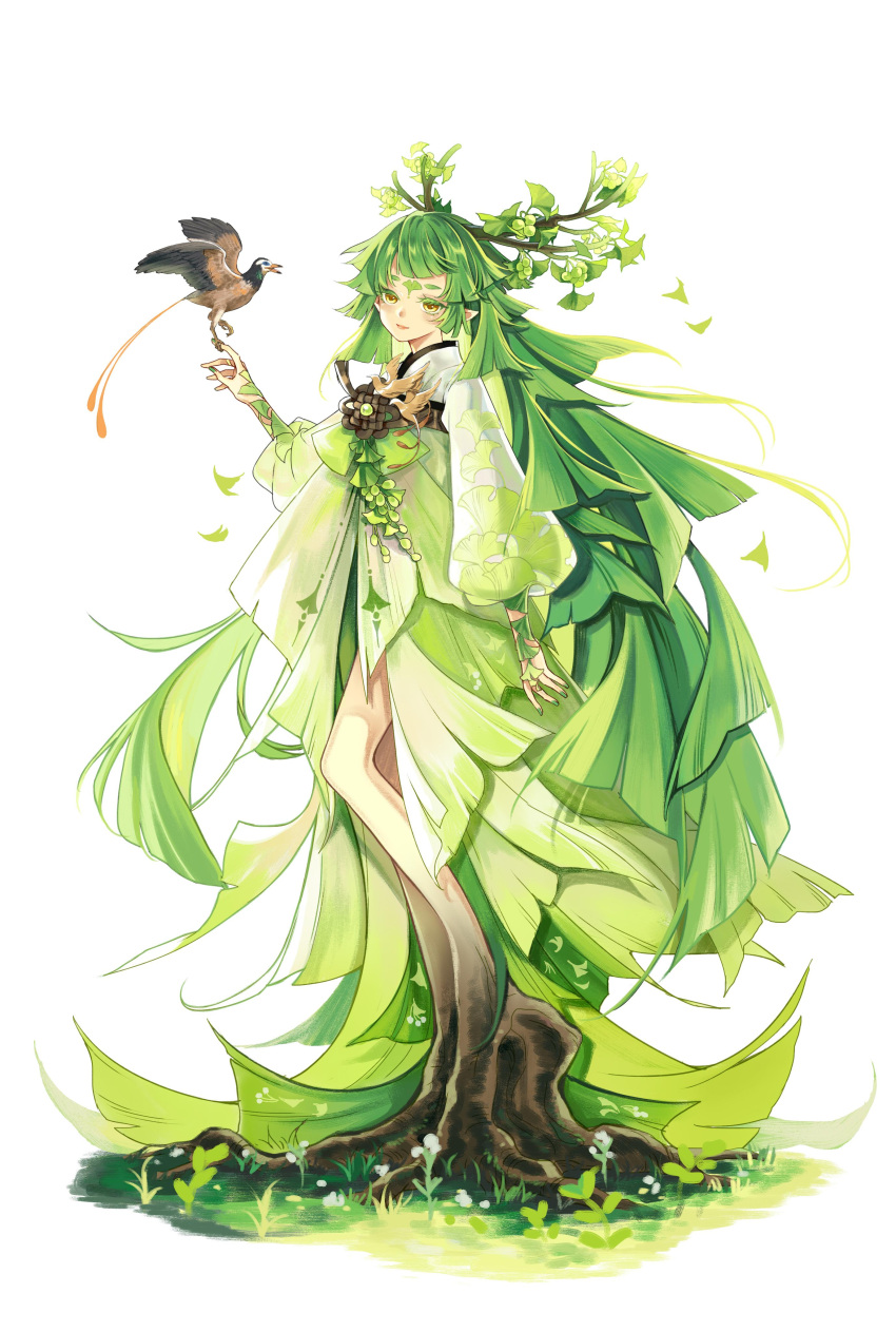 1girl absurdres bird bird_on_hand dress facial_mark forehead_mark full_body ginkgo_leaf green_dress green_hair green_nails hair_branch hand_up highres leaf leaf_print long_hair long_sleeves looking_at_viewer monster_girl original plant_girl puffy_long_sleeves puffy_sleeves roots solo very_long_hair white_background xialuo_yingling yellow_eyes