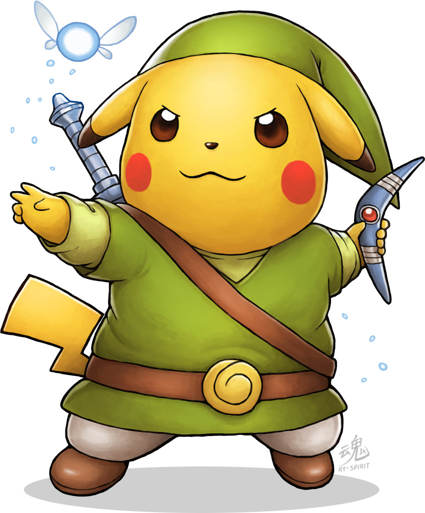 absurdres artist_name belt boomerang boots brown_belt brown_footwear clothed_pokemon cosplay crossover green_headwear green_tunic halterneck hat highres holding holding_weapon link link_(cosplay) looking_at_viewer navi no_humans pikachu pokemon pokemon_(creature) ry-spirit simple_background sword sword_on_back the_legend_of_zelda transparent_background weapon weapon_on_back