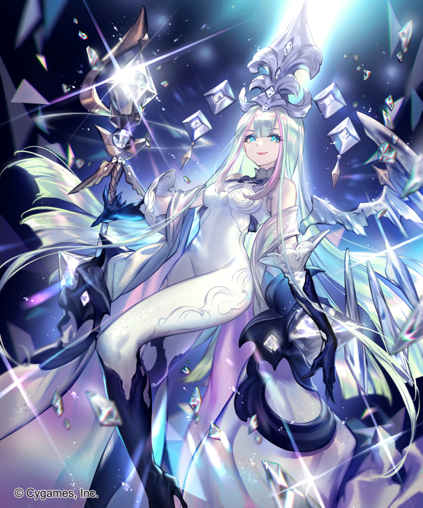 1girl aqua_eyes aqua_hair bare_shoulders black_gloves bodysuit breasts cosmetics covered_navel diamond_master_(shadowverse_flame) floating gem gloves highres jewelry large_breasts lee_hyeseung light_rays lips lipstick long_hair makeup official_art pink_lips shadowverse shadowverse_flame skin_tight smile solo staff white_bodysuit