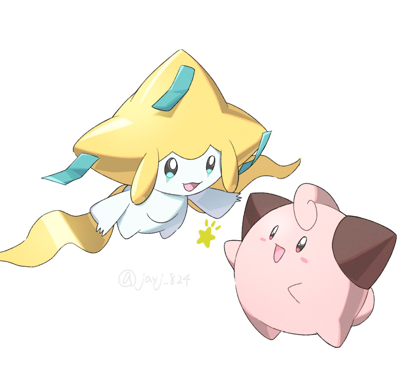 :d absurdres blush_stickers bright_pupils cleffa commentary_request eye_contact highres jayj_824 jirachi looking_at_another no_humans open_mouth pokemon pokemon_(creature) simple_background smile star_(symbol) tongue white_background white_pupils