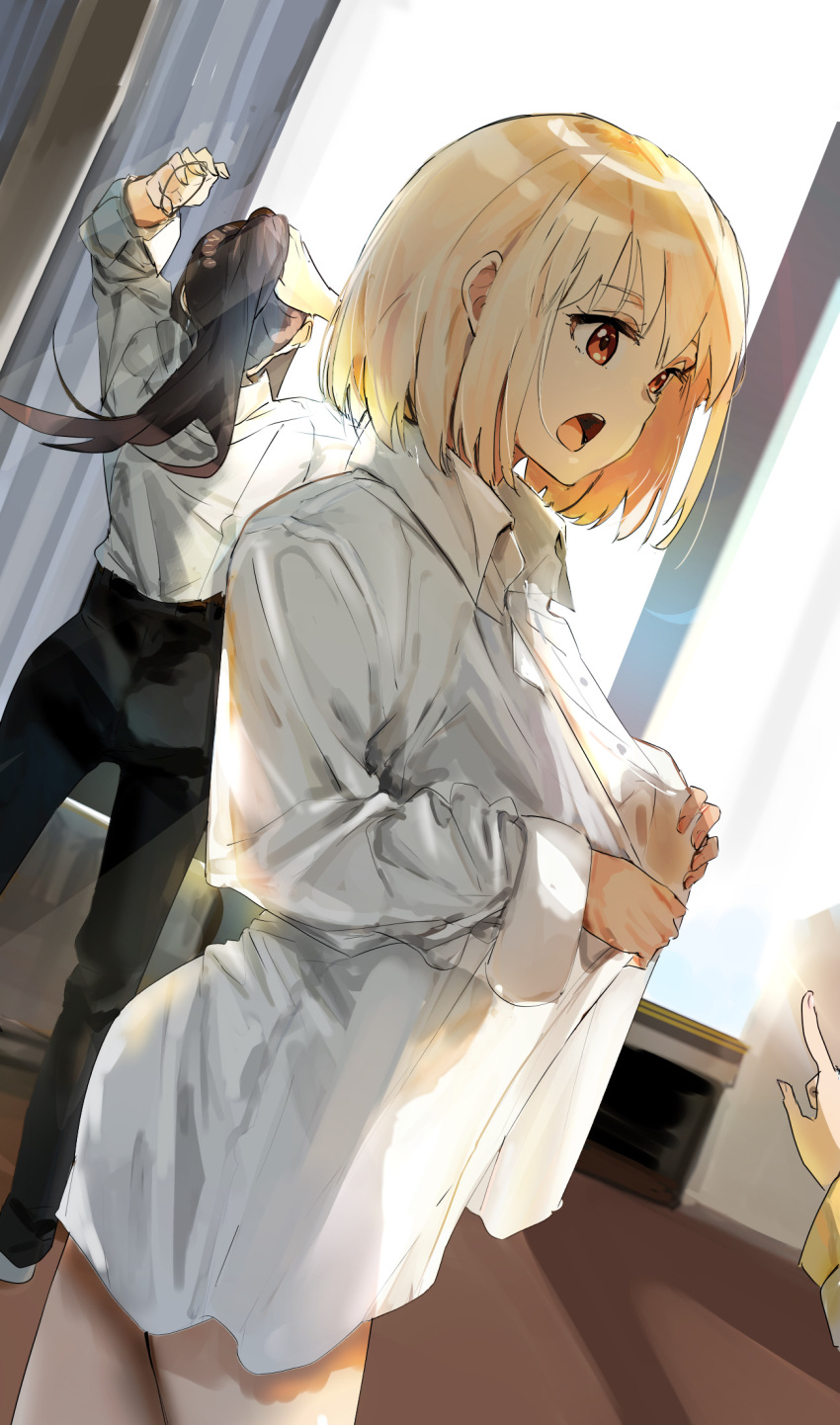 3girls arms_behind_head black_hair black_pants blonde_hair bob_cut brown_eyes collared_shirt commentary cowboy_shot dress_shirt dressing dutch_angle facing_away from_behind funi_mu9 hair_between_eyes hair_tie hairband hand_in_own_hair hands_on_own_head highres holding holding_hair holding_hair_tie indoors inoue_takina kurumi_(lycoris_recoil) long_hair long_sleeves lycoris_recoil medium_hair multiple_girls nishikigi_chisato official_alternate_costume open_clothes open_mouth open_shirt orange_eyes out_of_frame pants pointing ponytail see-through_silhouette shirt short_hair sidelocks solo_focus standing teeth tying_hair unbuttoned unbuttoned_shirt upper_teeth_only white_shirt