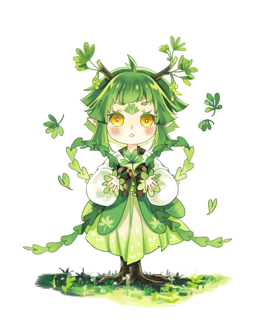 1girl absurdres blush chinese_clothes facial_mark female_child forehead_mark full_body grass green_hair green_skirt hair_branch highres leaf monster_girl original plant_girl roots shirt short_hair skirt solo triangle_mouth white_background white_shirt xialuo_yingling yellow_eyes