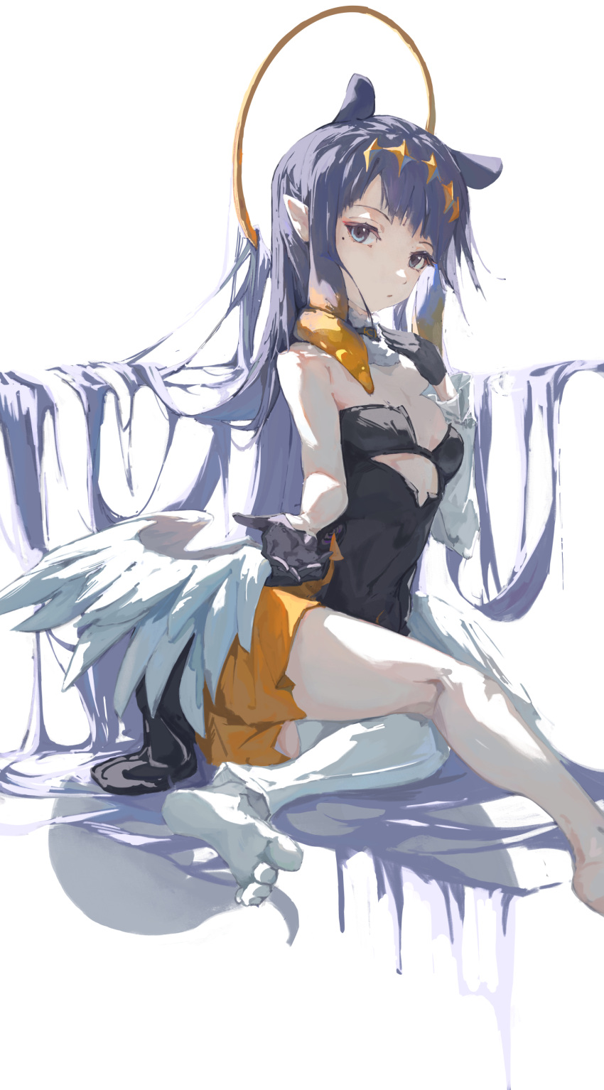 1girl absurdres blue_eyes blunt_bangs detached_sleeves diamond_hairband dress feathered_wings flat_chest fur-trimmed_choker fur-trimmed_collar gradient_hair halo highres hololive hololive_english long_hair looking_at_viewer low_wings maskcat mole mole_under_eye multicolored_hair ninomae_ina'nis ninomae_ina'nis_(1st_costume) orange_hair pointy_ears purple_hair sidelocks simple_background single_detached_sleeve single_thighhigh solo straight_hair strapless strapless_dress tentacle_hair tentacles thigh-highs tube_dress very_long_hair virtual_youtuber white_background white_thighhighs white_wings wings