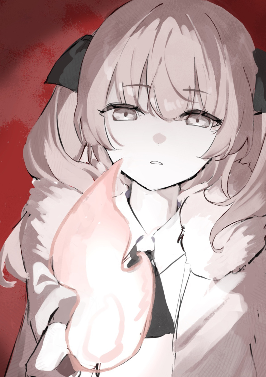 1girl adipocere_(vocaloid) black_ribbon collared_shirt commentary_request expressionless fire flame fur-trimmed_jacket fur_trim grey_eyes hair_ribbon half-closed_eyes highres hiroyi_(mei) holding holding_torch jacket limited_palette long_hair long_sleeves looking_at_viewer neck_ribbon open_clothes open_jacket outstretched_arm parted_lips pink_hair red_background ribbon shirt solo torch twintails upper_body