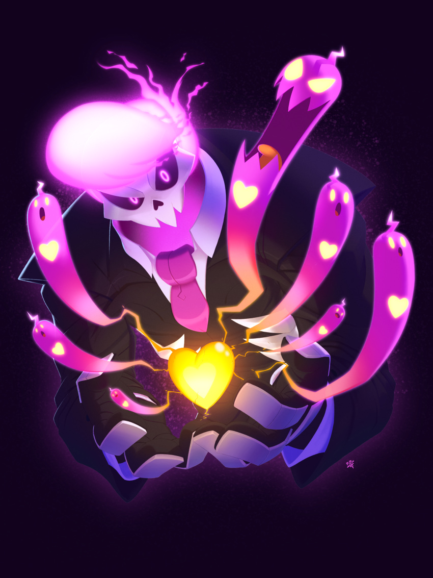 1boy english_commentary ghost gloves glowing glowing_eyes glowing_heart highres lewis_pepper mystery_skulls necktie open_mouth pink_hair skull suit theroomacattack violet_eyes yellow_eyes