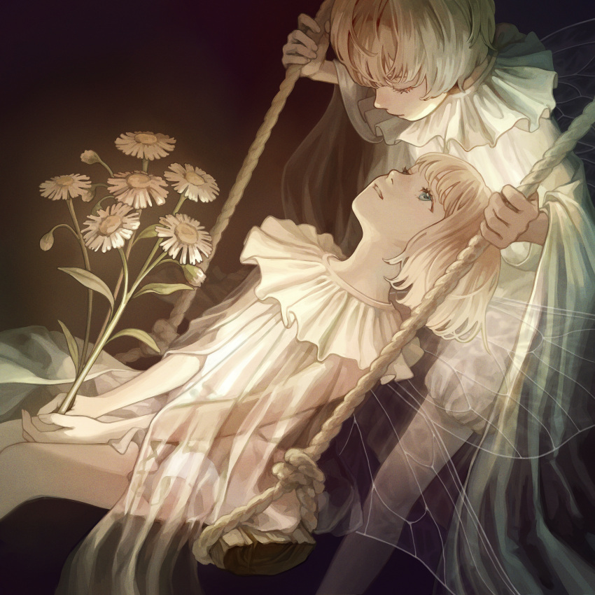 1boy 1girl absurdres commentary daisy dress flower frilled_dress frills highres holding holding_flower hotatenshi looking_at_another looking_down looking_up original parted_lips rope see-through short_hair swing white_dress white_hair wings