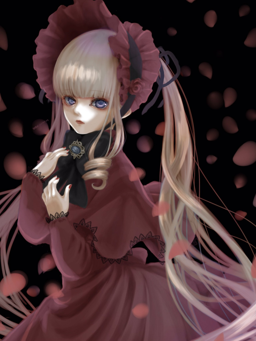 1girl black_background black_bow blonde_hair blue_eyes bonnet bow brooch capelet dress drill_hair flower hands_on_own_chest highres jewelry kiru_(m_putorius) lolita_fashion long_hair looking_at_viewer petals red_capelet red_dress rose rozen_maiden shinku solo twintails upper_body very_long_hair