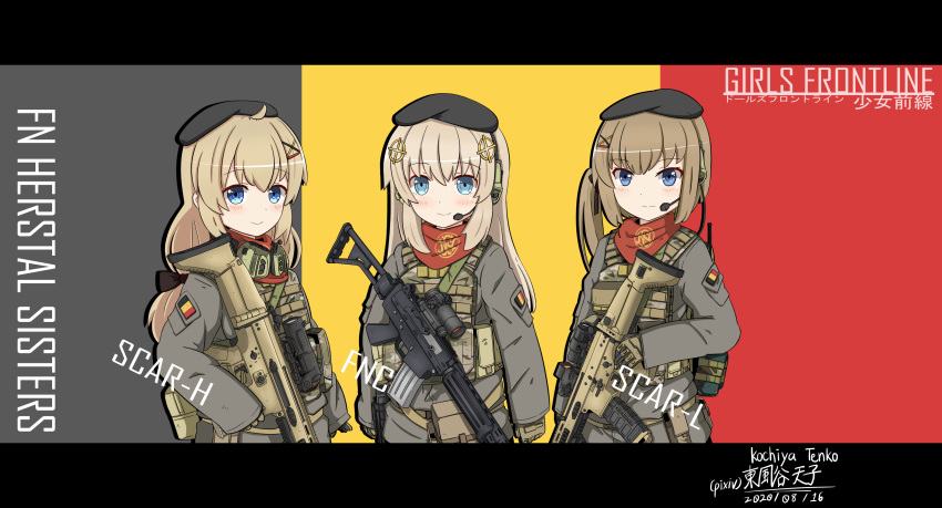3girls absurdres ammunition_pouch arm_at_side artist_name assault_rifle bandana battle_rifle belgian_flag beret bilingual black_headwear blonde_hair blue_eyes body_armor celtic_cross character_name chinese_commentary chinese_text closed_mouth commentary_request company_connection company_name copyright_name cross cross_hair_ornament dated dot_nose ear_protection english_commentary flag_background fn_fnc fn_herstal fn_scar fn_scar_16 fn_scar_17 fnc_(girls'_frontline) folding_stock girls_frontline grey_background grey_jacket gun hair_ornament hairclip hat headset highres holding holding_gun holding_weapon hybrid_sight jacket kochiya_tenko letterboxed light_blush light_brown_hair logo long_hair long_sleeves looking_at_viewer military_jacket mixed-language_commentary mixed-language_text multicolored_background multiple_girls optical_sight patch pocket pouch print_bandana red_background red_bandana rifle scar-h_(girls'_frontline) scar-l_(girls'_frontline) shoulder_patch siblings side_ponytail sisters sleeves_past_wrists sling smile tactical_clothes upper_body walkie-talkie weapon weapon_name x_hair_ornament yellow_background