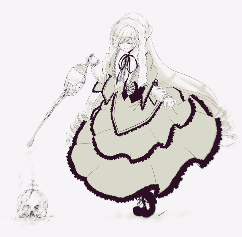 1girl closed_eyes dress drill_hair flower full_body head_scarf highres holding holding_watering_can kiru_(m_putorius) lolita_fashion long_hair long_sleeves monochrome rozen_maiden simple_background sketch skull smile solo suiseiseki very_long_hair watering watering_can