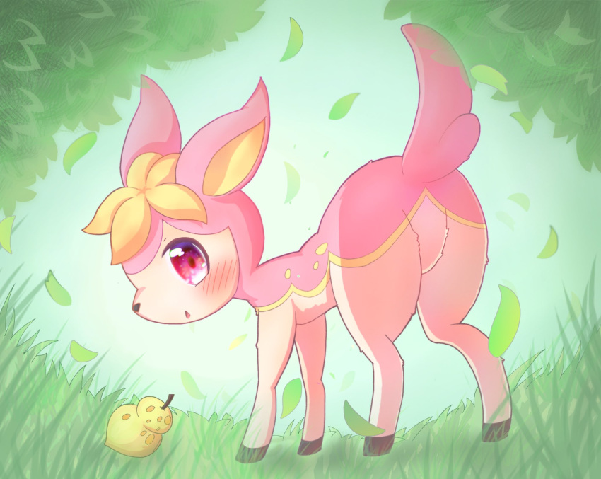 blush deerling deerling_(spring) food fruit grass highres leaf looking_at_viewer no_humans on_grass outdoors pokemon pokemon_(creature) rope_(pixiv_86609436) solo