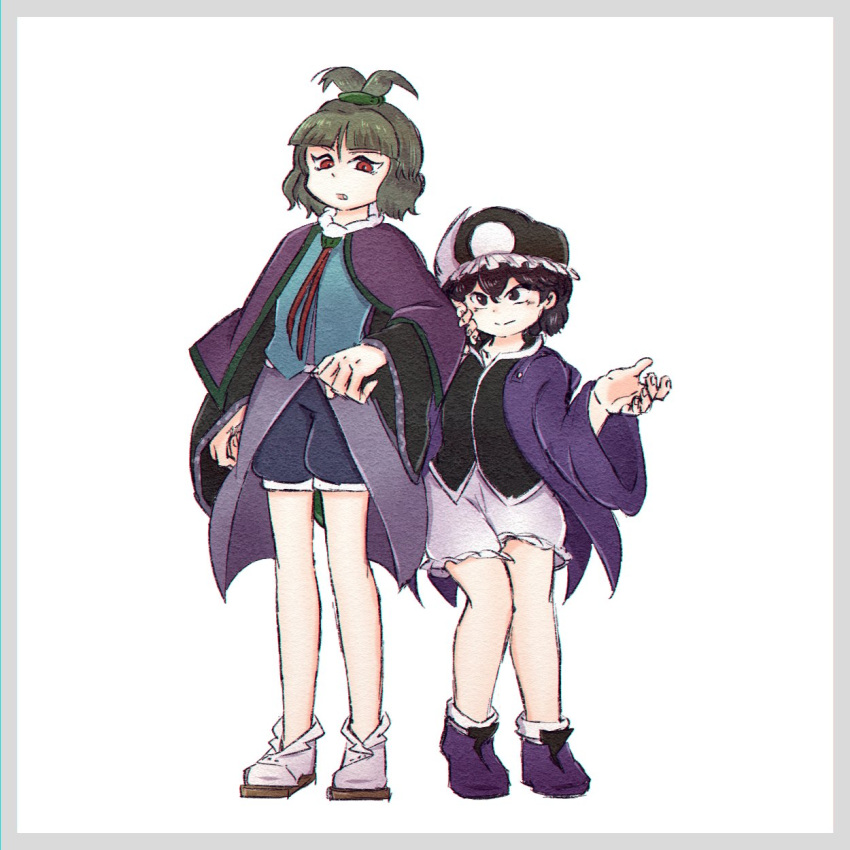 2others adagumo_no_saragimaru androgynous black_headwear black_shirt black_sleeves blue_kimono blue_shorts blunt_bangs blush_stickers boots buttons capelet chikafumikou clenched_hand closed_mouth collar collared_capelet collared_shirt fang frilled_hat frilled_shorts frills full_body green_hair green_trim hair_ornament hand_on_another's_arm hand_up hat height_difference highres hood hood_down hooded_jacket jacket japanese_clothes kimono len'en long_sleeves looking_at_another mob_cap multiple_others necktie open_mouth puffy_pants purple_capelet purple_footwear purple_hair purple_jacket purple_trim red_eyes red_necktie sandals shirt shitodo_kuroji short_hair short_ponytail shorts smile snake_hair_ornament socks triangular_headpiece v-shaped_eyebrows violet_eyes white_background white_collar white_shorts white_socks white_trim wide_sleeves