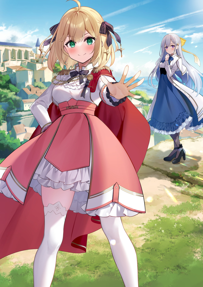 2girls ahoge anisphia_wynn_palettia ascot black_bow black_bowtie black_footwear black_pantyhose black_ribbon blonde_hair blue_bow blue_bowtie blue_hair blue_skirt blue_sky blurry blurry_background blush bow bowtie braid braided_bangs cape capelet castle closed_mouth clouds collared_capelet commentary_request day dot_nose epaulettes euphyllia_magenta frilled_skirt frills green_eyes hair_bow hair_ribbon hand_on_own_hip high-waist_skirt high_heels highres house kisaragi_yuri lens_flare light_blue_hair long_hair long_skirt long_sleeves looking_at_viewer medium_bangs multiple_girls open_hand outdoors outstretched_arm pantyhose pink_skirt red_cape ribbon shirt shirt_tucked_in short_hair skirt sky smile split_mouth standing tensei_oujo_to_tensai_reijou_no_mahou_kakumei thigh-highs two_side_up violet_eyes white_ascot white_capelet white_shirt white_thighhighs yellow_bow