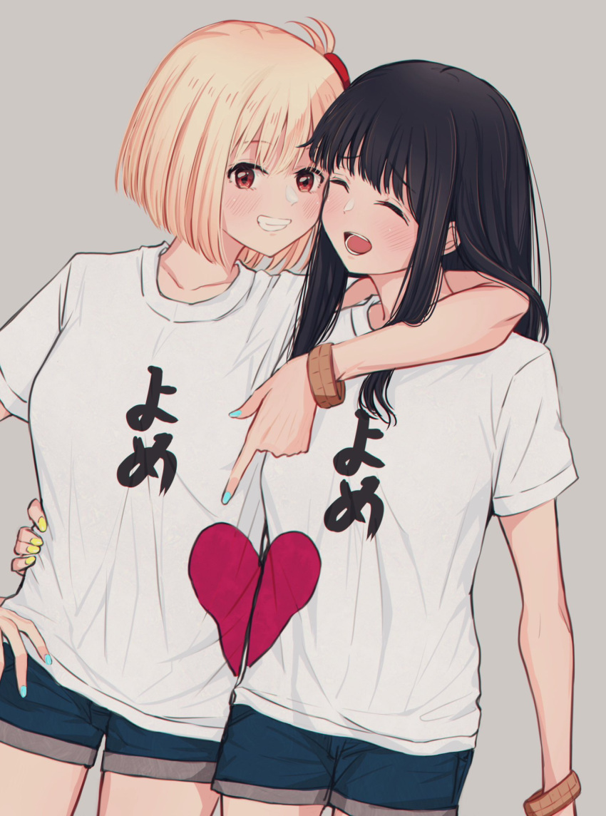 2girls arm_around_neck black_hair blonde_hair blue_nails blue_shorts blush bob_cut bracelet breasts clenched_teeth closed_eyes clothes_writing commentary_request cowboy_shot dutch_angle futaba_(rei-futaba) grey_background hair_between_eyes hair_ribbon hand_on_another's_waist highres inoue_takina jewelry large_breasts long_hair looking_at_viewer lycoris_recoil matching_outfits medium_breasts multiple_girls nail_polish nishikigi_chisato one_side_up open_mouth pointing red_eyes red_ribbon ribbon shadow shirt short_hair short_sleeves shorts sidelocks simple_background smile t-shirt teeth translated white_shirt yellow_nails yuri