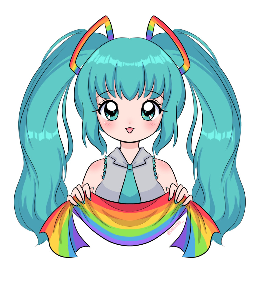 1990s_(style) 1girl :3 absurdres blue_eyes blue_hair blue_nails blue_necktie blush breasts chelly_(chellyko) flag grey_shirt hatsune_miku highres holding long_hair looking_at_viewer medium_breasts necktie open_mouth pride_month rainbow rainbow_flag retro_artstyle shirt sleeveless sleeveless_shirt smile solo standing twintails upper_body vocaloid white_background