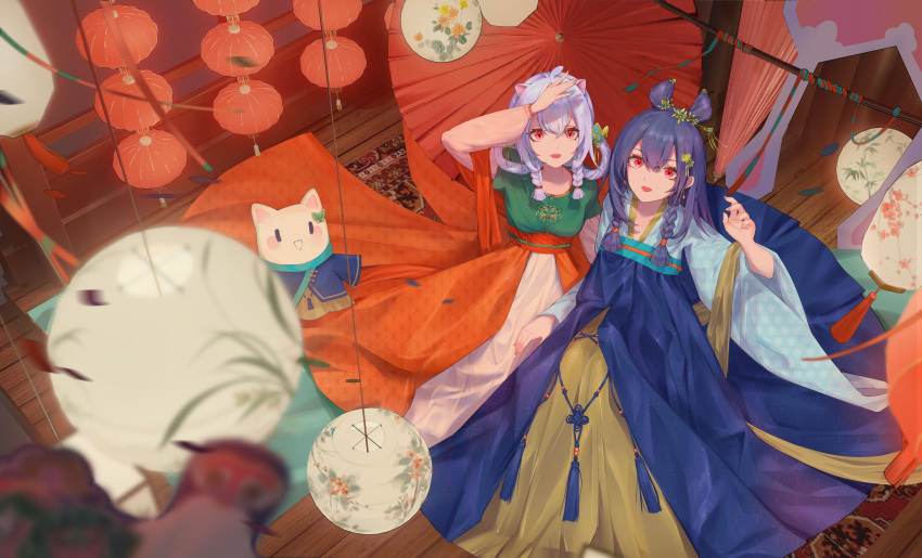 2girls :d absurdres ai_dongdong animal_ears arm_up bcy black_hair blue_shirt blue_skirt braided_sidelock cat_ears chinese_clothes from_above green_shirt hair_rings hand_over_eye hand_up hanfu highres huhu lantern lantern_festival layered_sleeves long_hair long_sleeves looking_at_viewer looking_up miao_jiujiu multiple_girls oil-paper_umbrella orange_skirt paper_lantern qixiong_ruqun red_eyes red_shawl red_umbrella ruan_miemie shawl shirt short_over_long_sleeves short_sleeves skirt smile umbrella white_hair wide_shot wide_sleeves yellow_shawl