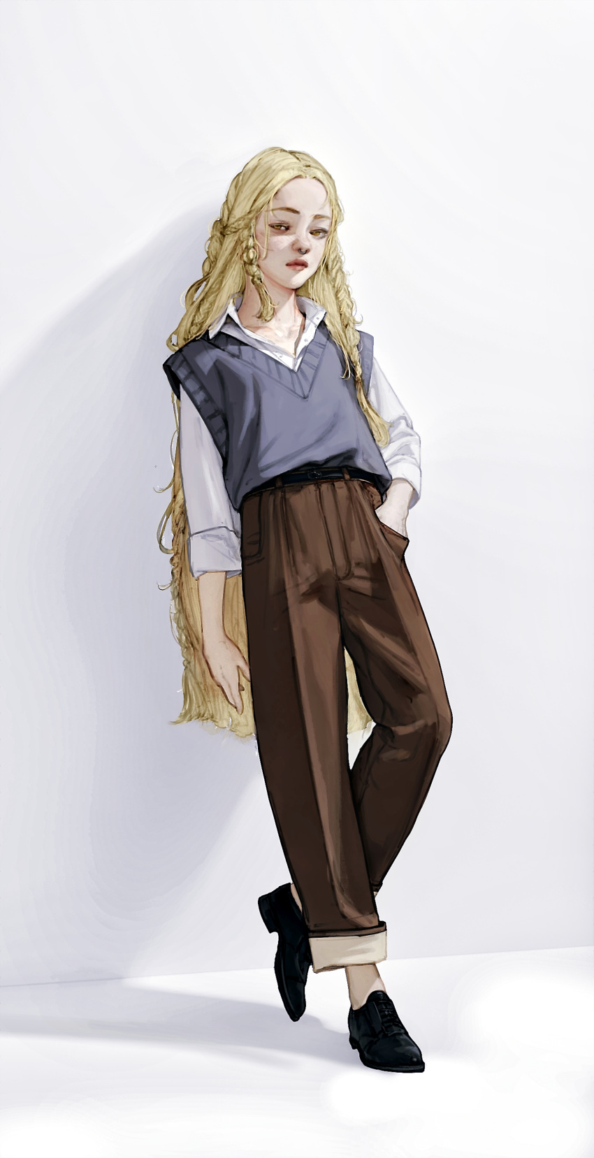1boy absurdres against_wall androgynous atamagaitai belt black_belt black_footwear blonde_hair blue_sweater_vest braid brown_pants contemporary elden_ring fashion full_body hand_in_pocket highres loafers long_hair looking_at_viewer miquella_(elden_ring) multiple_braids nose_piercing nose_ring otoko_no_ko pants piercing shadow shirt shoes sleeves_rolled_up standing sweater_vest very_long_hair white_shirt yellow_eyes