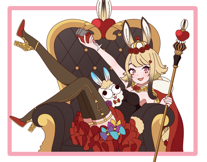 alcohol animal_ears anon_non bird blonde_hair cane cape crow dress heart heart-shaped_pupils high_heels highres holding holding_cane mascot md5_mismatch prism_project rabbit_ears rabbit_girl rabbit_tail simple_background sitting symbol-shaped_pupils tail thigh-highs throne virtual_youtuber wine