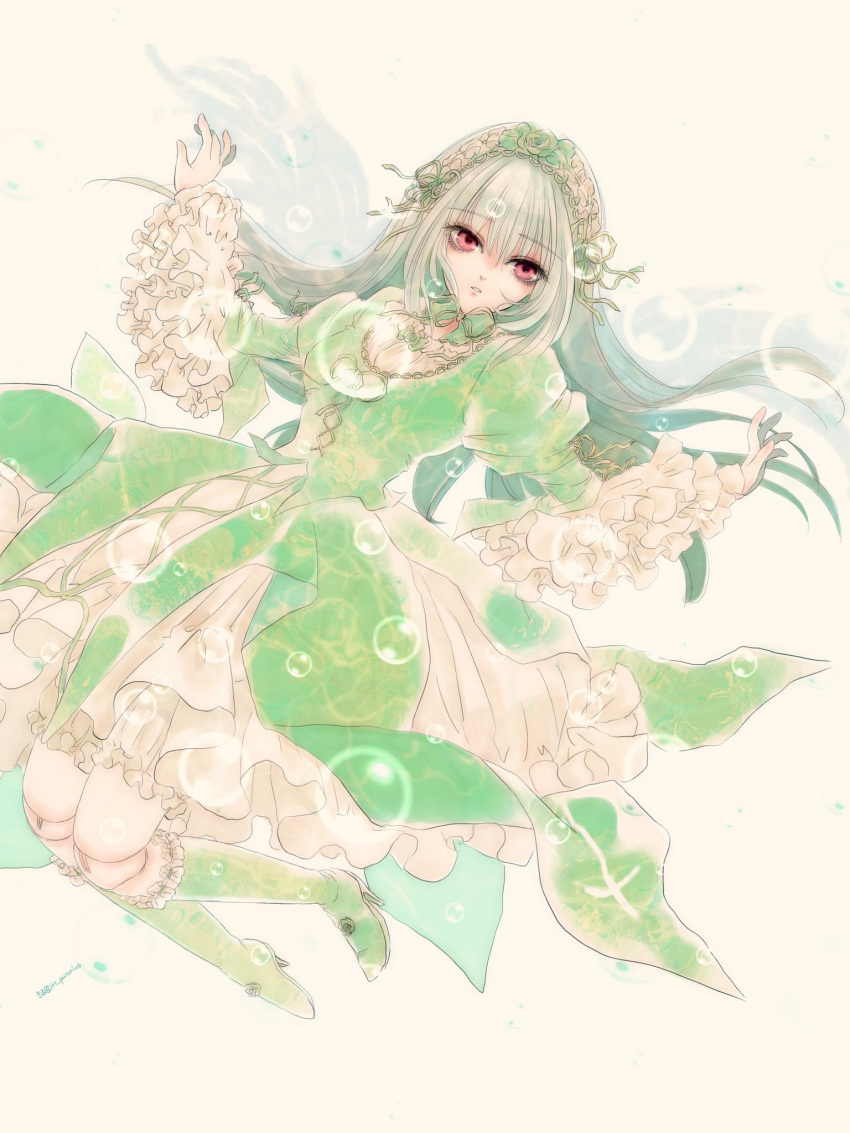 1girl alternate_color boots bubble doll_joints dress floating_hair frilled_sleeves frills full_body green_dress green_footwear grey_hair hairband highres joints juliet_sleeves kiru_(m_putorius) lolita_fashion lolita_hairband long_hair long_sleeves looking_at_viewer parted_lips pink_eyes puffy_sleeves rozen_maiden simple_background solo suigintou white_background wide_sleeves