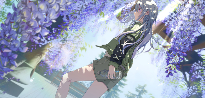 1girl absurdres blue_flower blurry blurry_foreground cac_itinose commentary_request depth_of_field feet_out_of_frame flower green_jacket grey_hair grey_shorts hair_between_eyes highres jacket layered_sleeves long_hair long_sleeves looking_at_viewer looking_to_the_side open_clothes open_jacket original profile revision short_over_long_sleeves short_shorts short_sleeves shorts solo standing very_long_hair violet_eyes wisteria