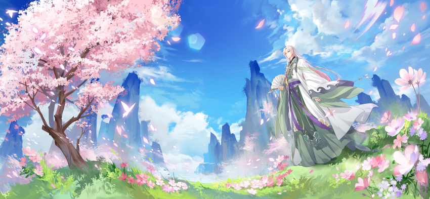 1boy absurdres blue_sky bug butterfly camellia cherry_blossoms chinese_clothes chinese_commentary closed_mouth clouds cloudy_sky commentary_request day falling_petals flower folding_fan glowing_butterfly gradient_hair grass green_eyes green_robe hair_between_eyes hair_ornament hand_fan hand_up hanfu highres holding holding_fan lens_flare long_hair long_sleeves longjing_shrimp_(the_tale_of_food) luo_kong male_focus mountain multicolored_hair outdoors parted_bangs petals pink_flower pink_hair plant purple_sash robe sash scenery sidelocks sky sleeves_past_wrists solo standing tassel the_tale_of_food tree white_flower white_hair wide_sleeves